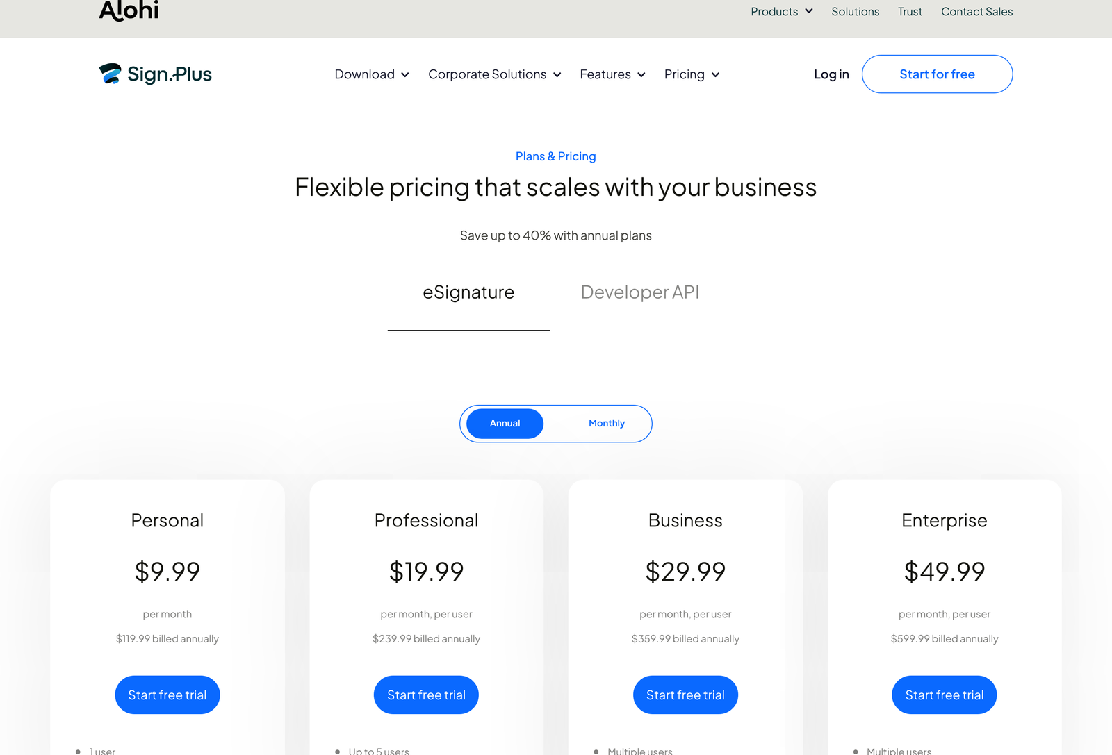 Sign.Plus pricing page as it loads, annual toggle preselected, Personal 9.99 dollars per month