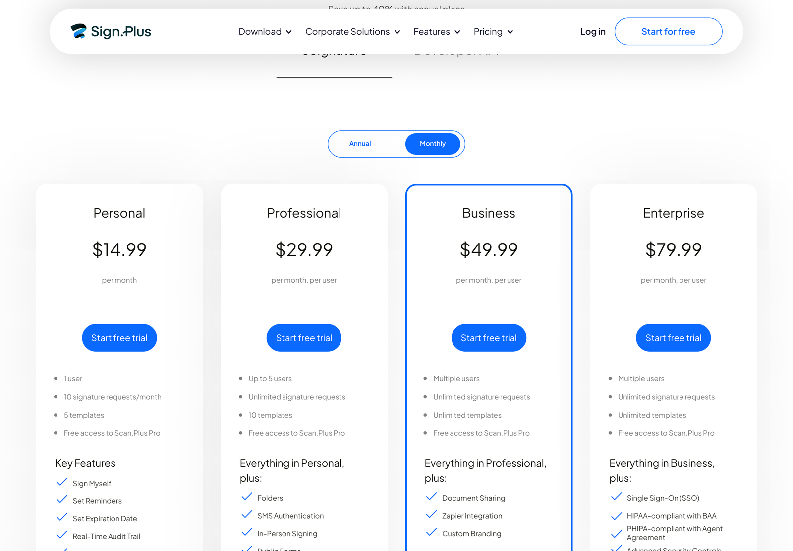 Sign.Plus pricing page switched to monthly billing, showing the true month-to-month rates
