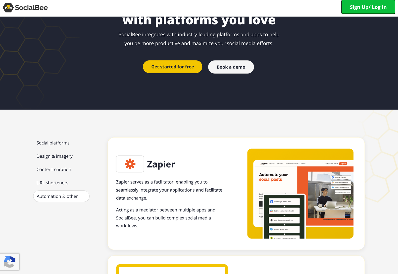 SocialBee automation integrations showing the Zapier connector