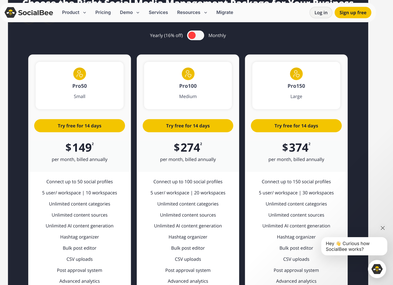 SocialBee Agency plan cards for Pro50, Pro100 and Pro150