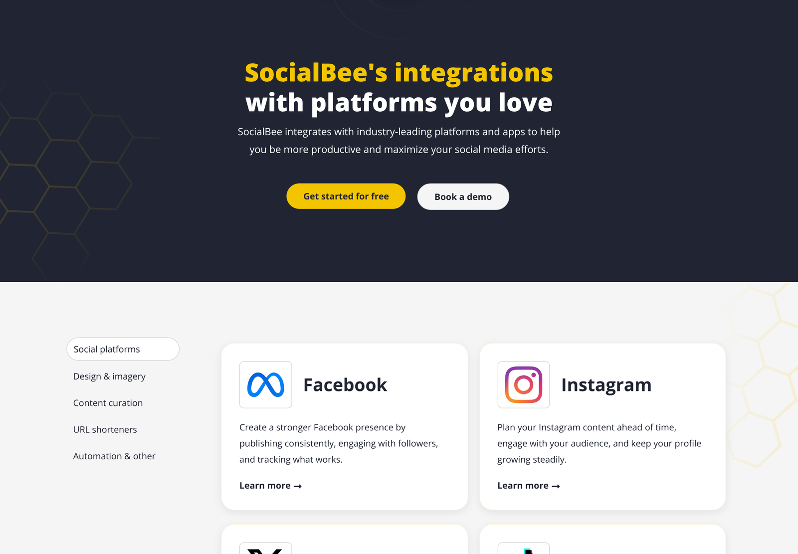 SocialBee integrations page showing the social platform category with Facebook and Instagram cards