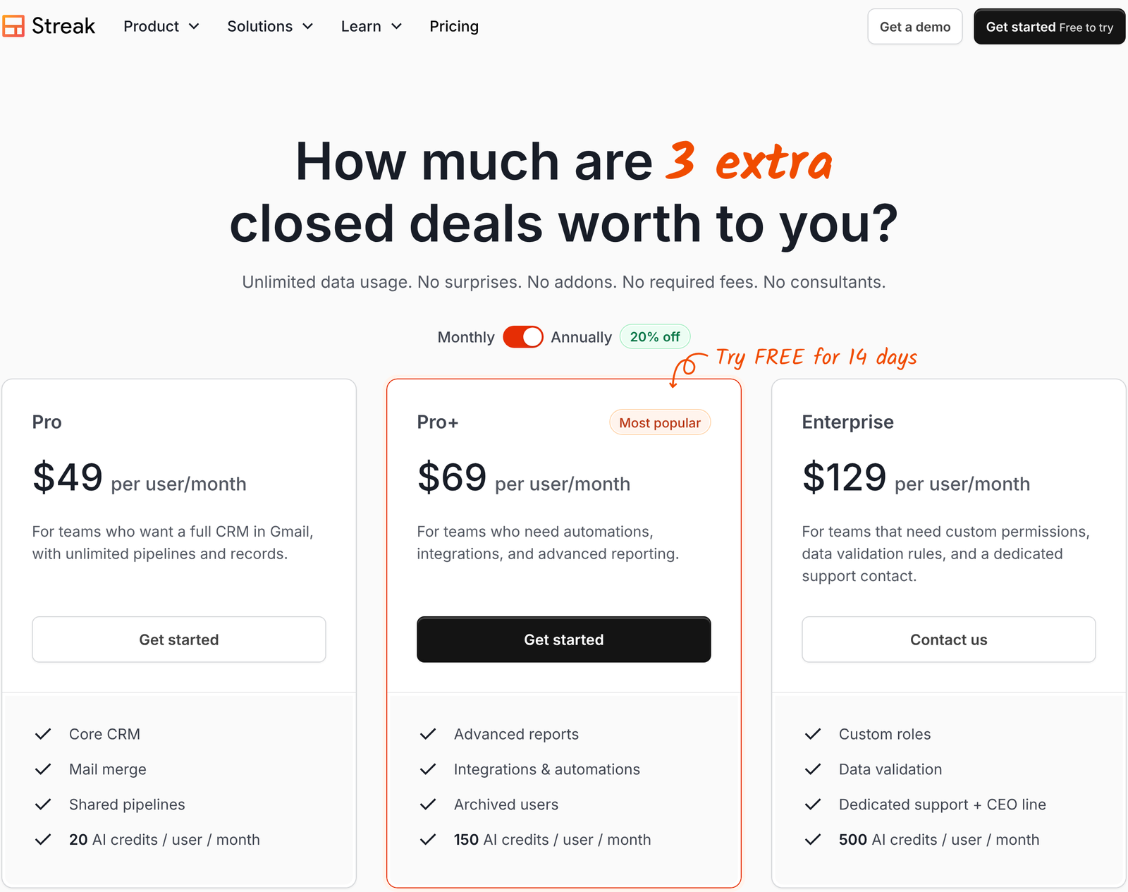 Streak pricing page with the Annually toggle selected, showing Pro at $49, Pro+ at $69 and Enterprise at $129 per user per month