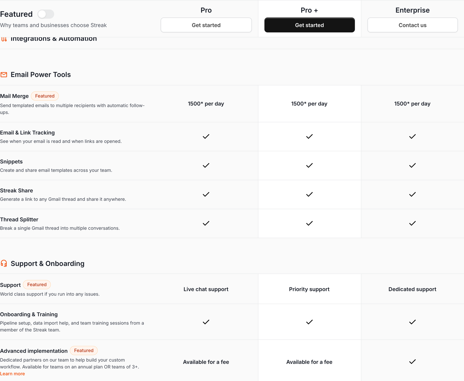 Streak feature comparison showing integrations and automations excluded from the Pro plan