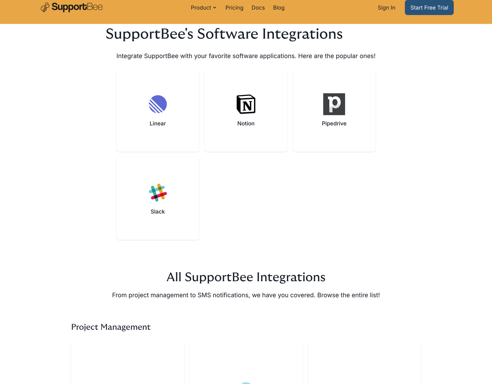 SupportBee integrations page grouped into project management, CRM, analytics, accounting, notification and workflow