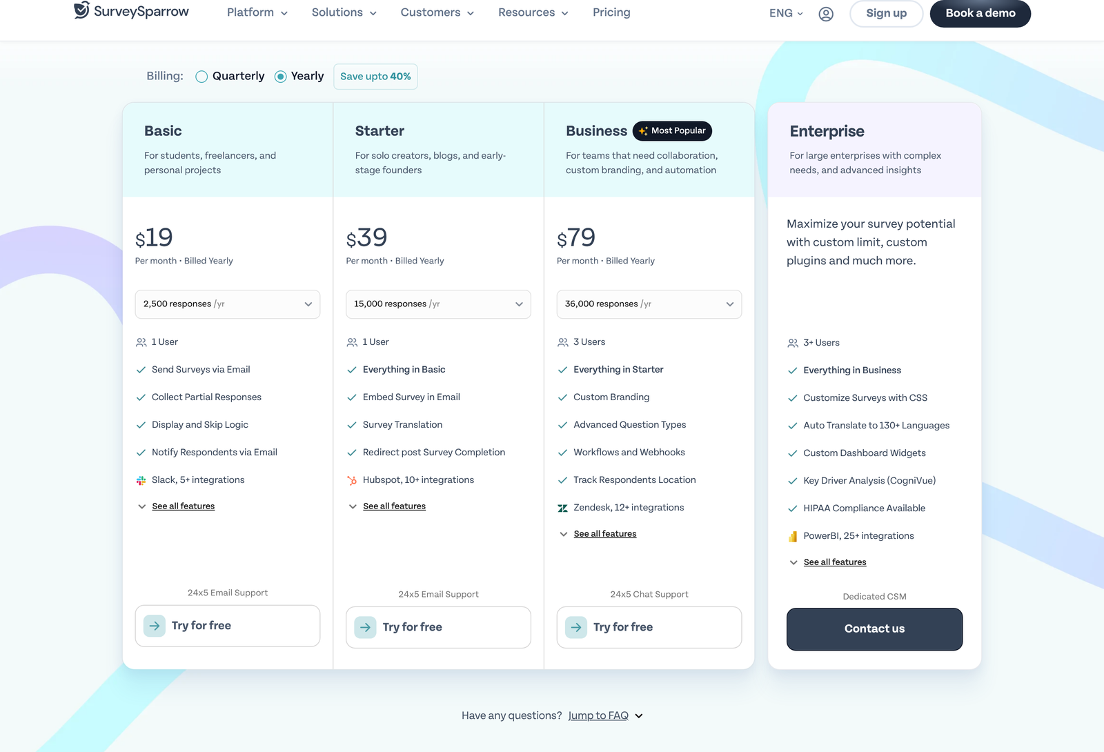 SurveySparrow pricing page on the yearly toggle showing Basic, Starter, Business and Enterprise plans