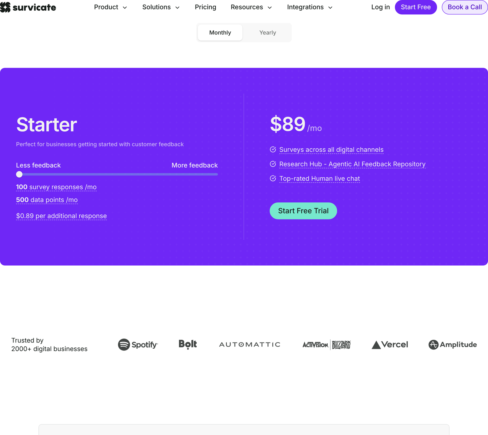Survicate pricing on monthly billing showing the Starter plan and response volume slider