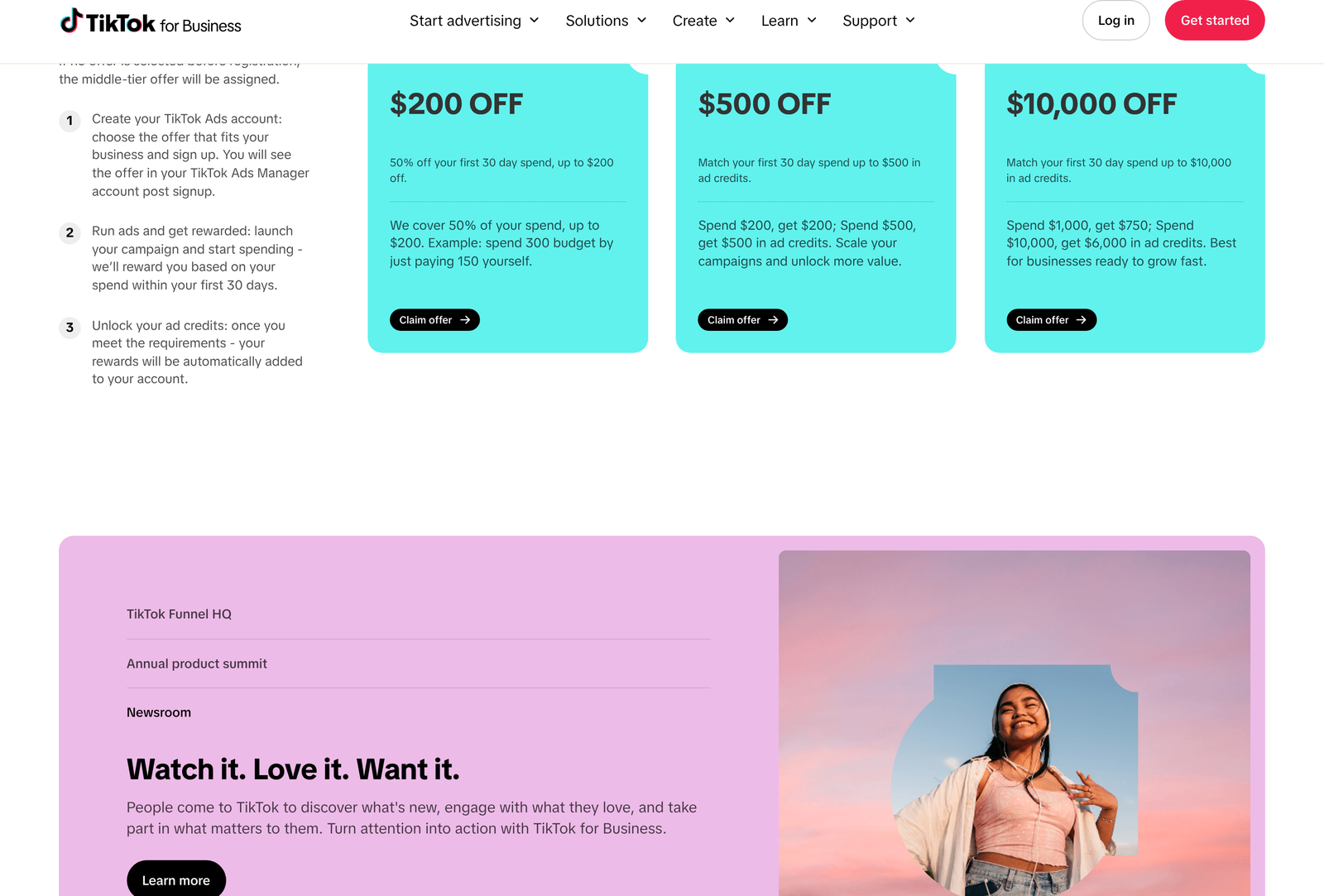 TikTok for Business ad credit offers showing the 200, 500 and 10,000 dollar tiers