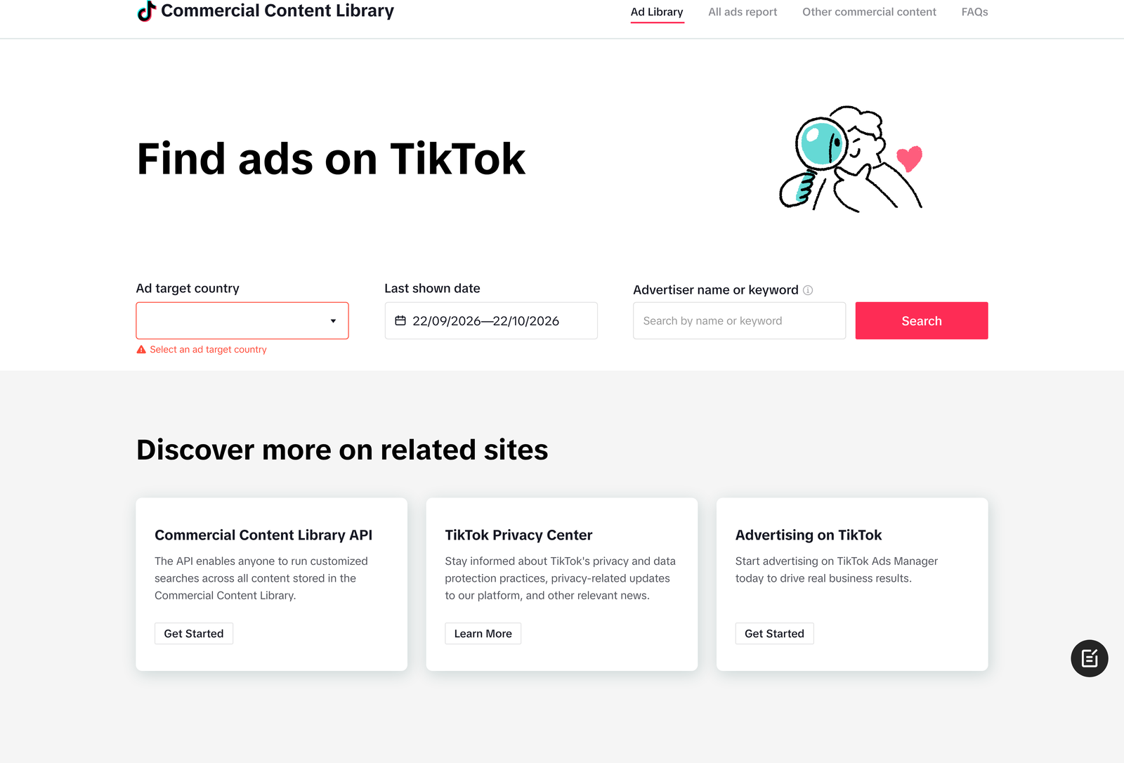 TikTok Commercial Content Library ad search by country, date and advertiser
