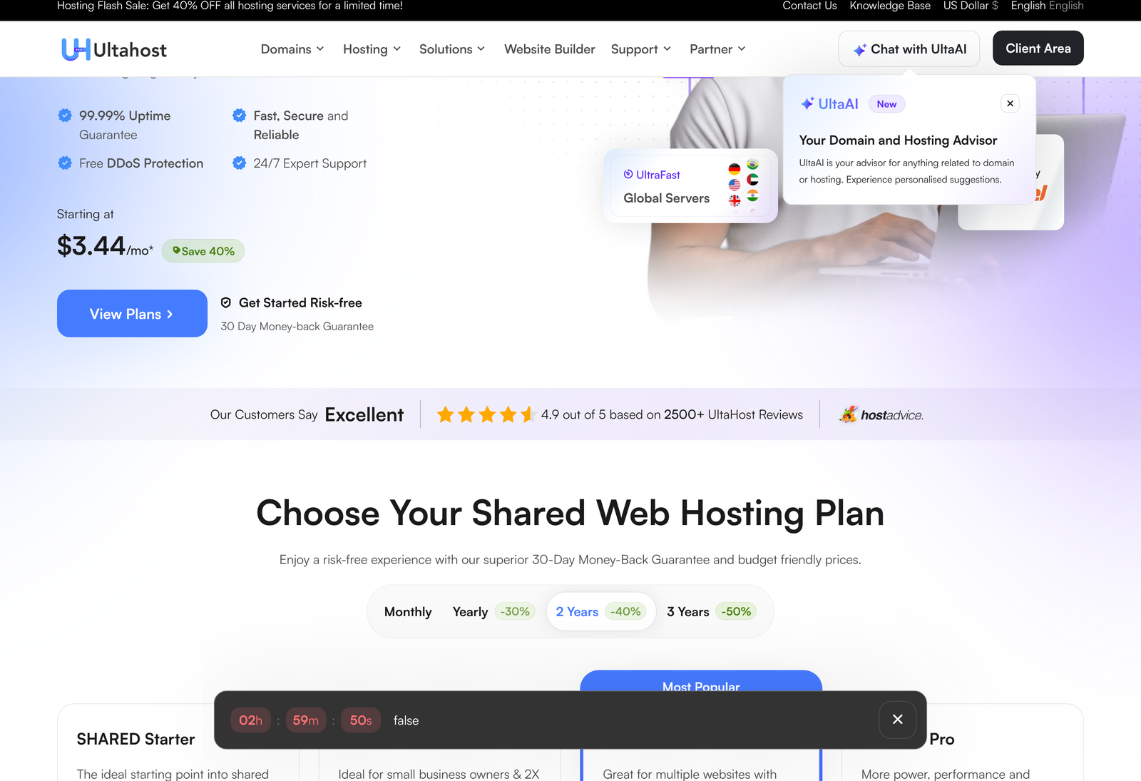 Ultahost shared hosting plans on the two-year billing term
