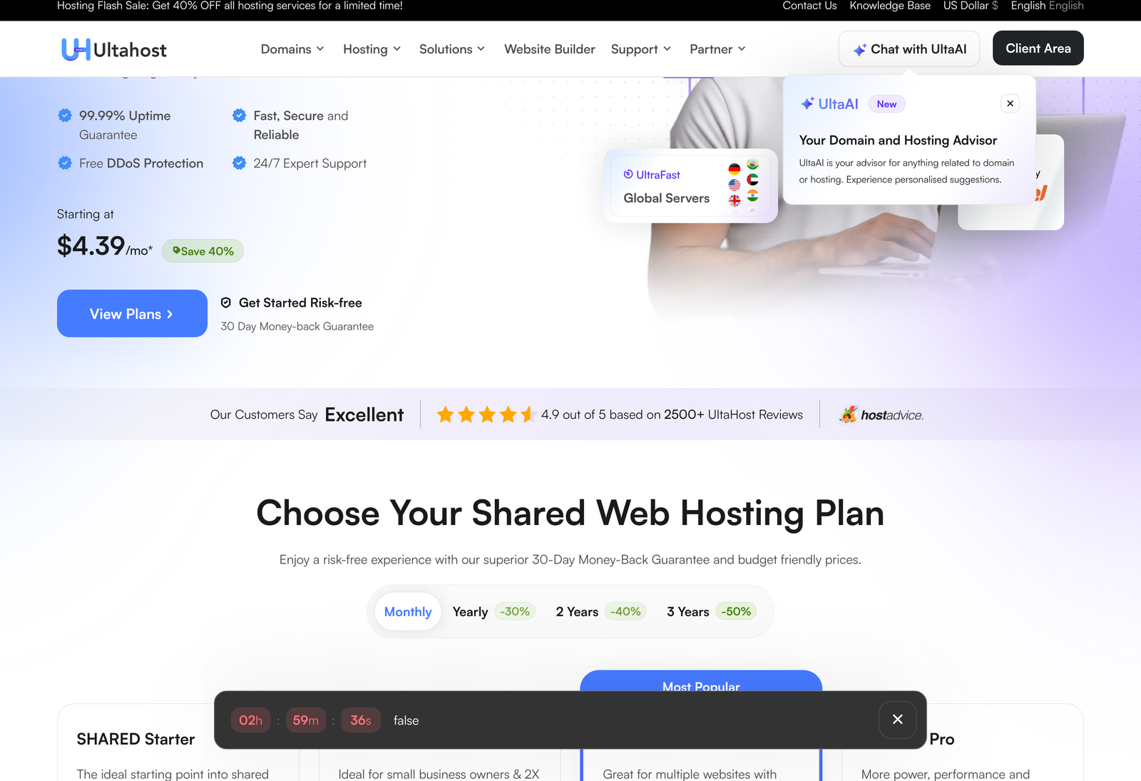 Ultahost shared hosting plans on the monthly billing term