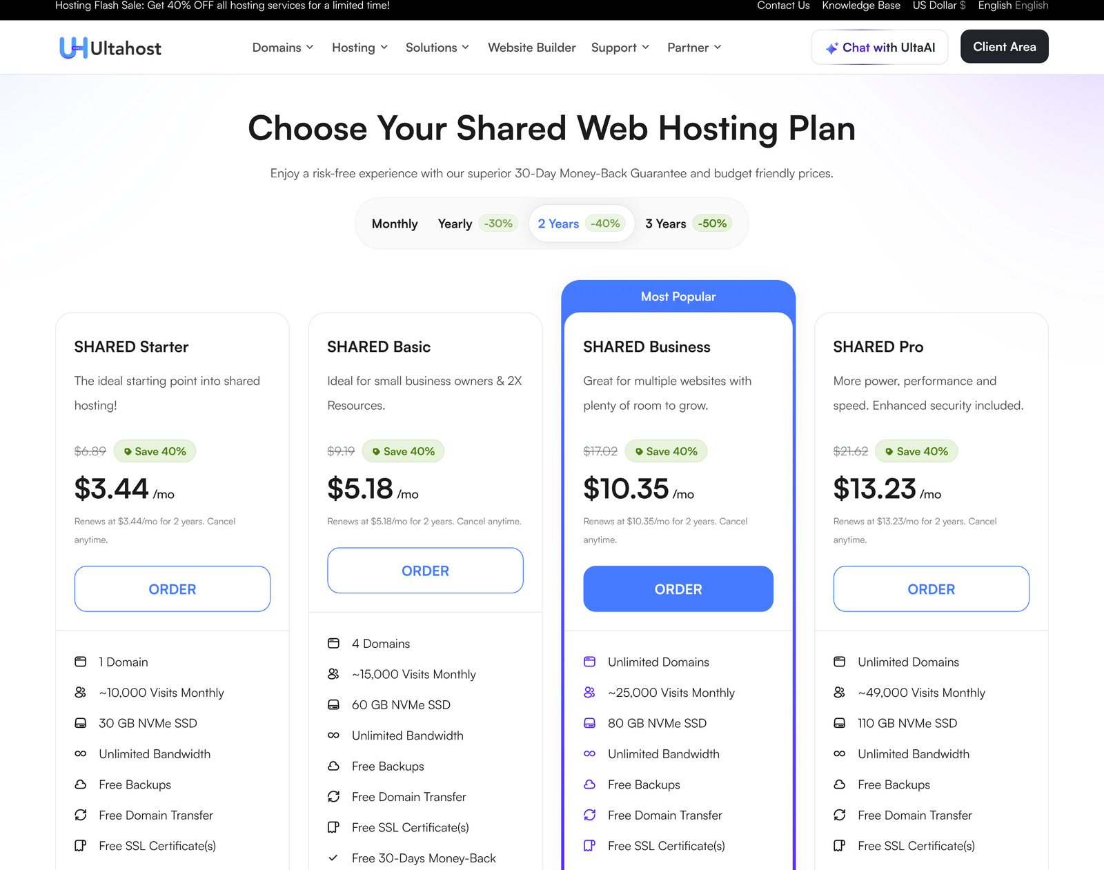 Ultahost shared hosting plans on the default two year term showing 3.44, 5.18, 10.35 and 13.23 per month with renewal footnotes