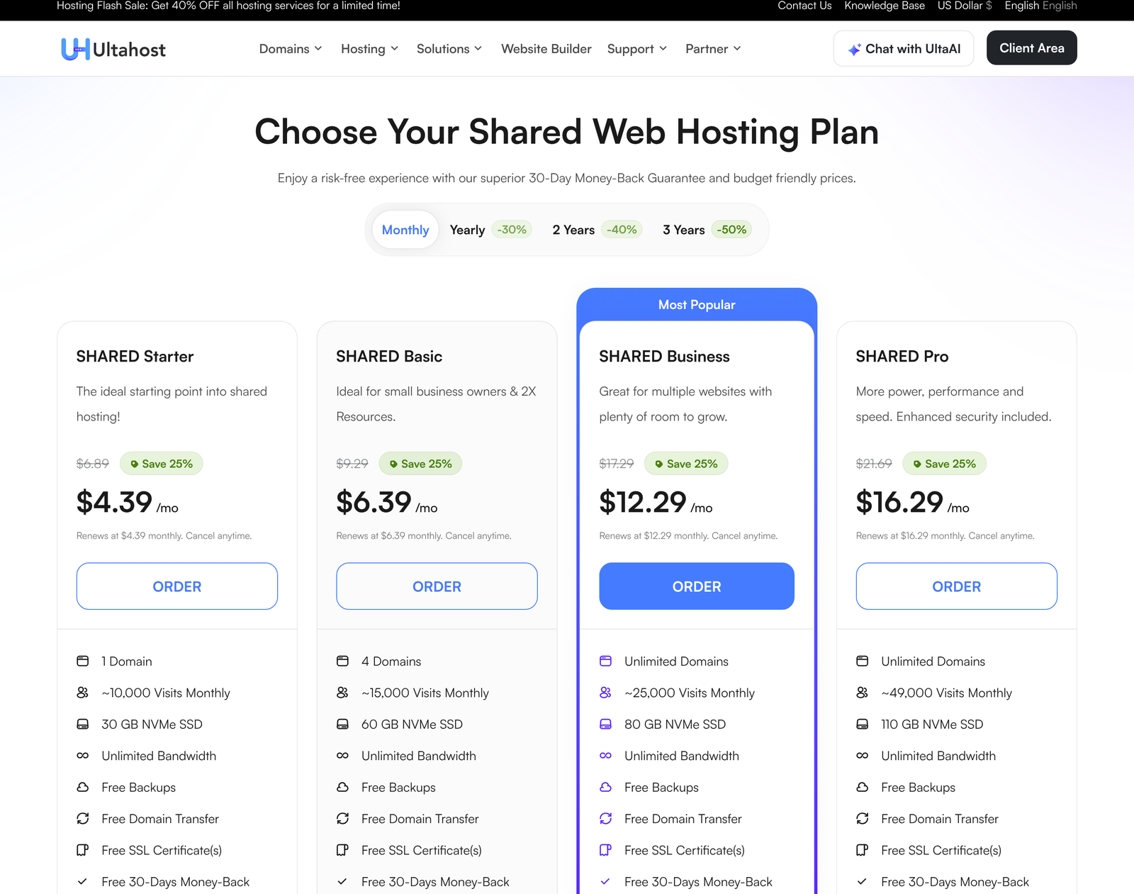 Ultahost shared hosting plans switched to monthly billing showing 4.39, 6.39, 12.29 and 16.29 per month
