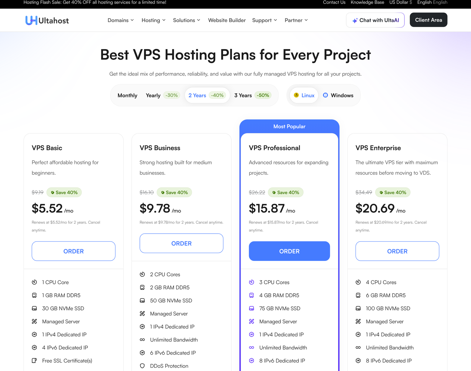 Ultahost VPS hosting plans on the default two year term showing 5.52, 9.78, 15.87 and 20.69 per month with struck through undiscounted prices
