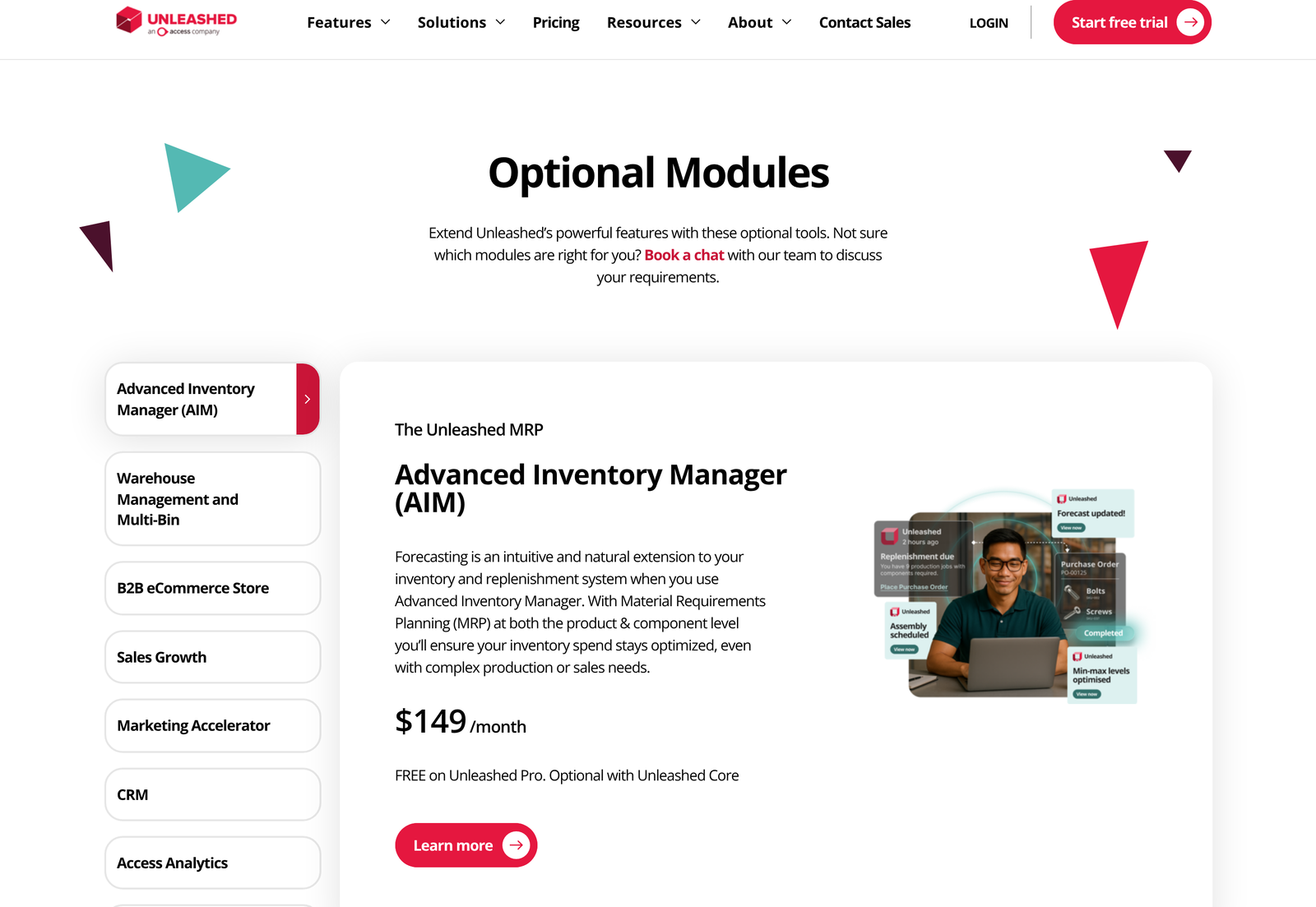 Unleashed optional modules panel showing Advanced Inventory Manager at $149 per month
