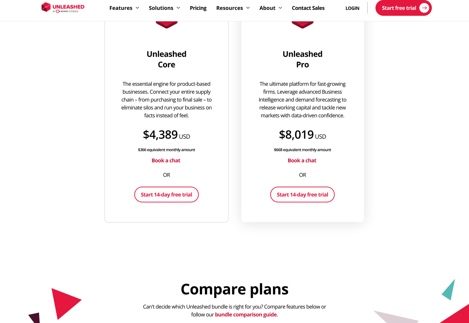 Unleashed pricing page on the annual toggle showing $4,389 for Core and $8,019 for Pro with equivalent monthly amounts