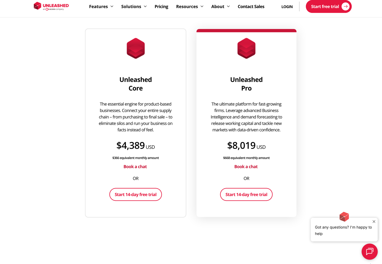 Unleashed pricing page on annual billing, showing $4,389 and $8,019 a year
