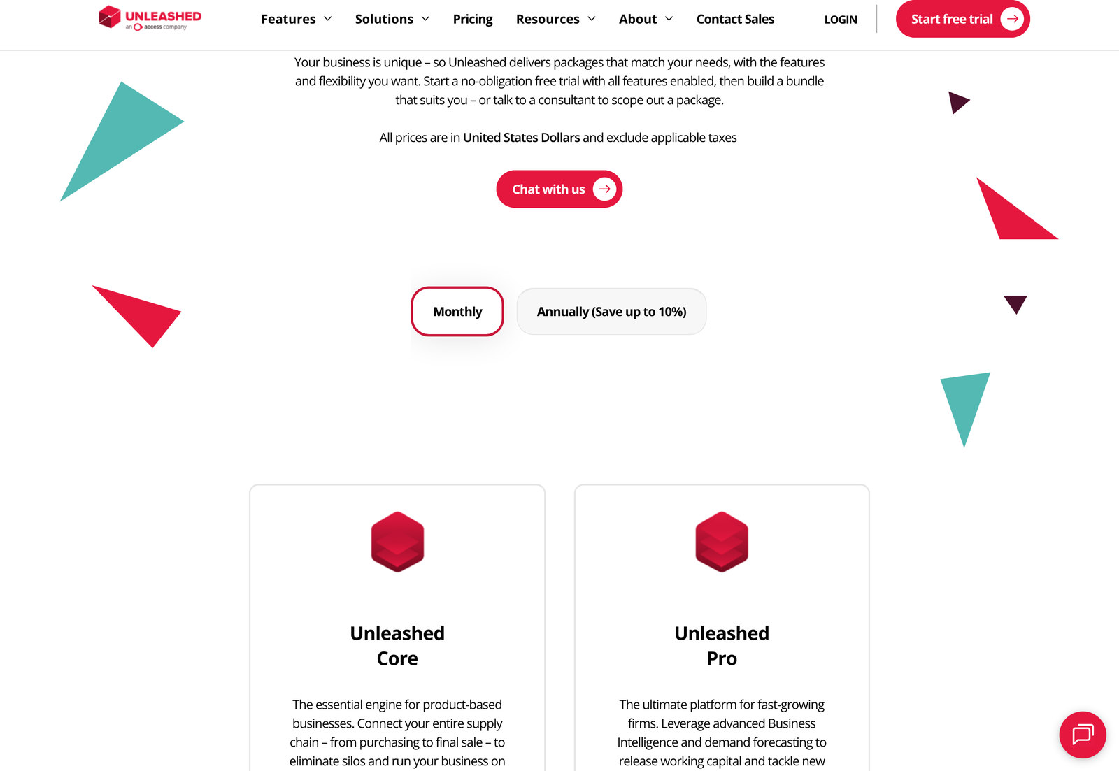Unleashed pricing page as it loads, showing Unleashed Core at $399 and Unleashed Pro at $729 a month