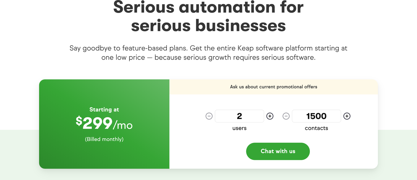 Keap pricing page showing $299 a month billed monthly for 2 users and 1,500 contacts
