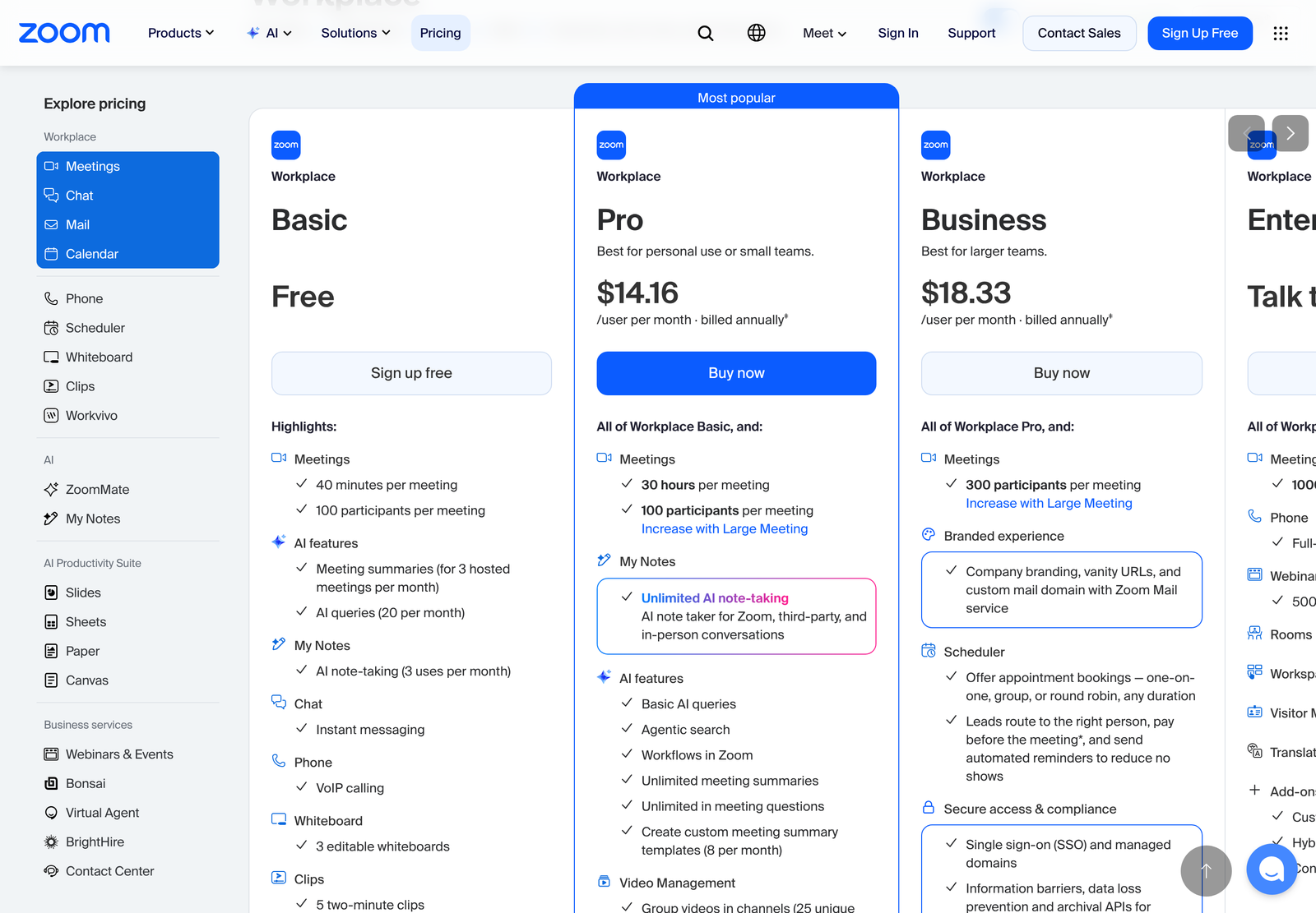 Zoom Workplace pricing showing Basic free, Pro 14.16 dollars and Business 18.33 dollars per user per month billed annually
